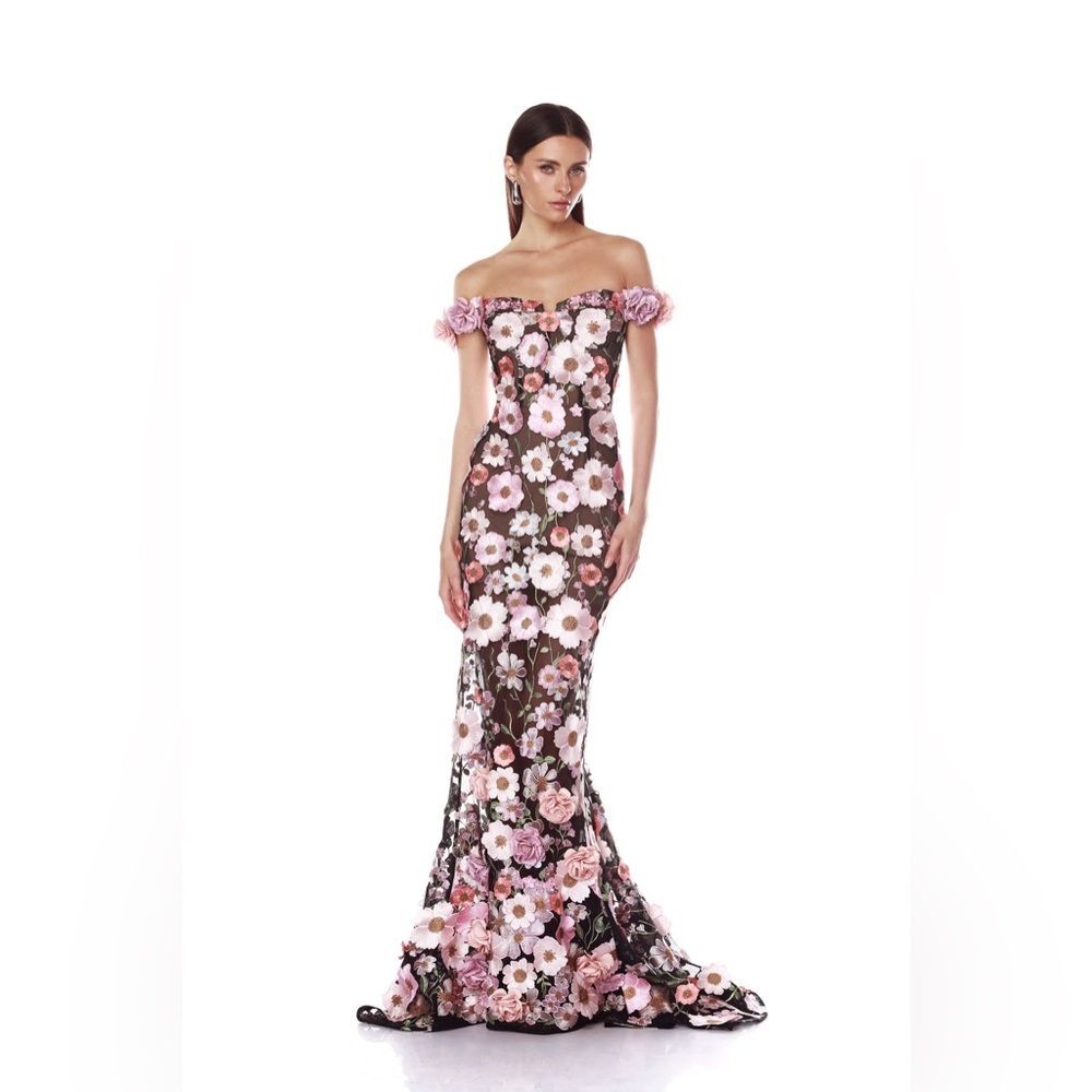 NWOT Bronx and Banco Jasmine Black Multi Off Shoulder Gown